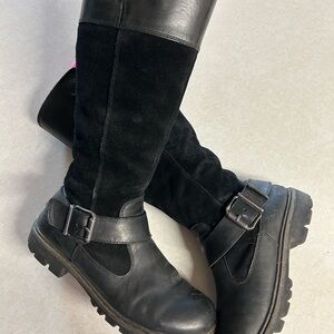 boc Black Suede & Leather Knee-High Buckle Combat Boots